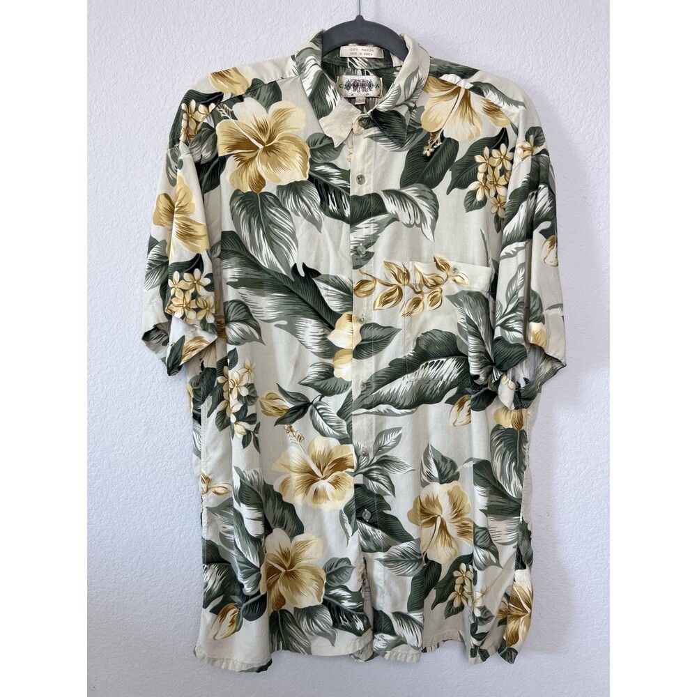 Campia Moda Hawaiian Shirt Mens Large Green Floral Tropical Rayon Button Up
